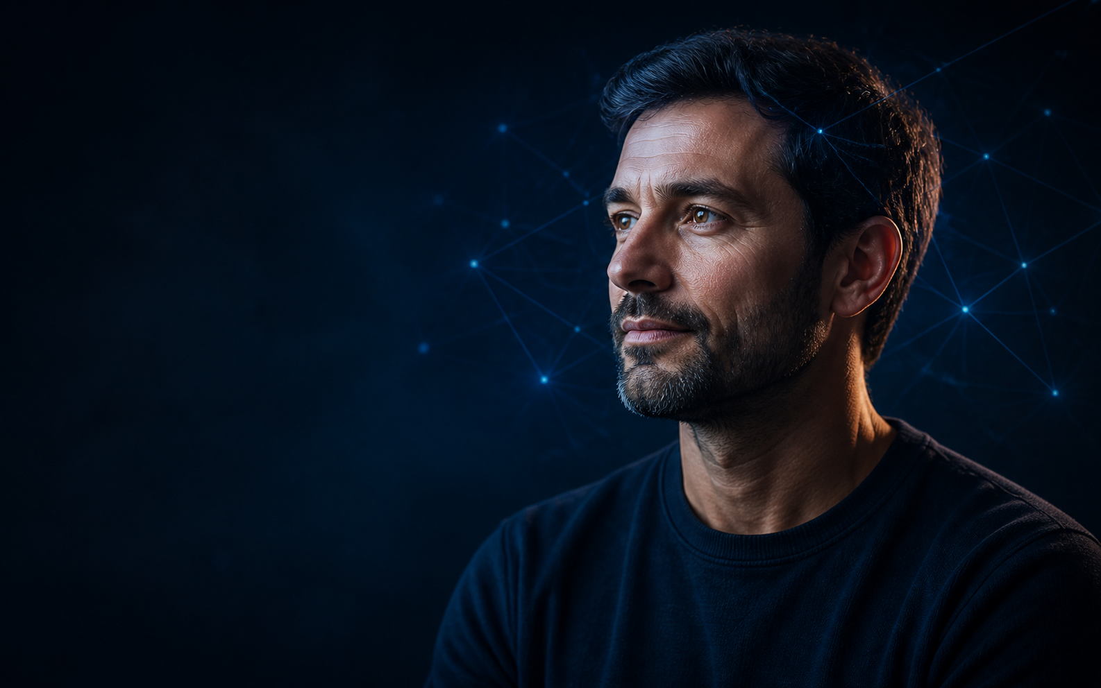 Persona en un entorno azul con conexiones que representan aprendizaje y consciencia